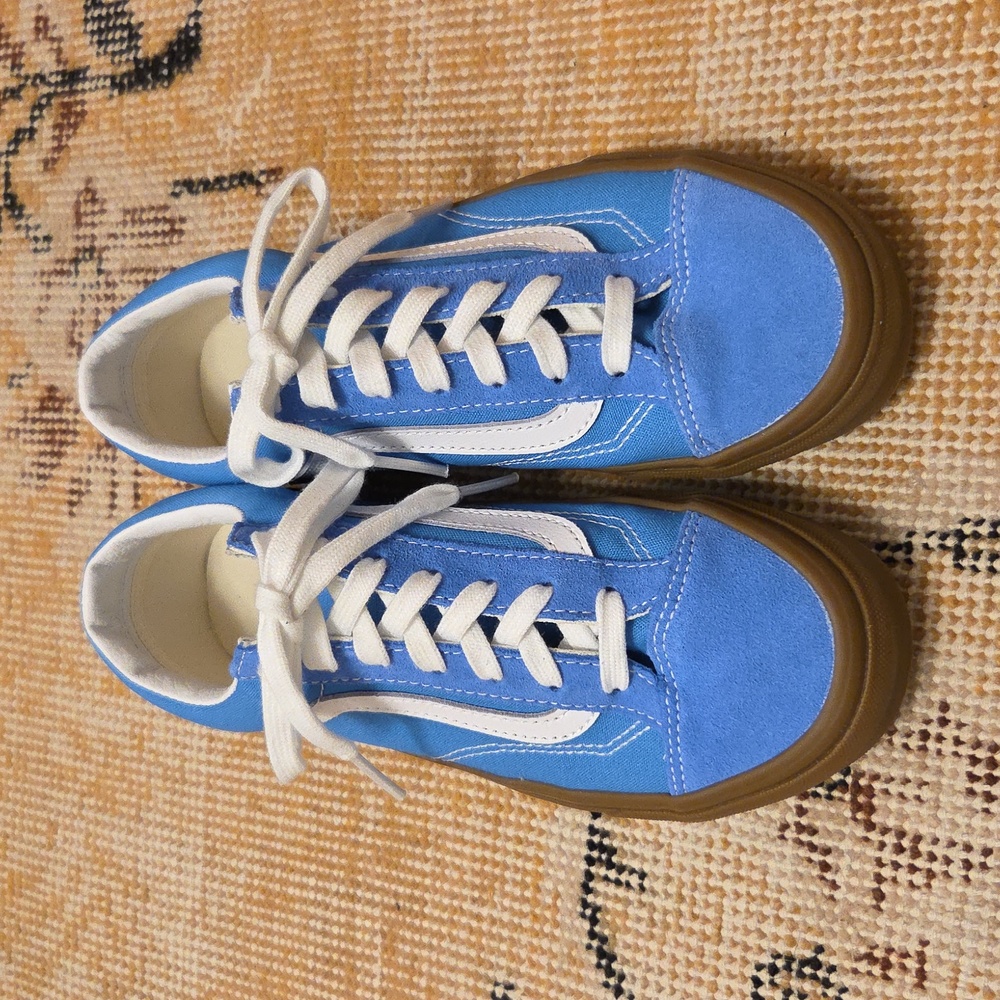 Blue and White Vans with Gum Sole